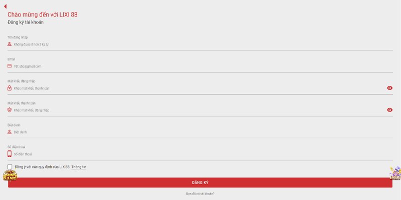 Người chơi điền mọi thông tin cần thiết đăng ký Lixi88